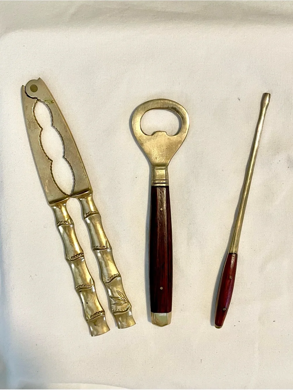 MCM~VNTG Japanese-3 Brass Bar Set Pieces ~ Opener/Cracker/Muddler -Brass & Teak